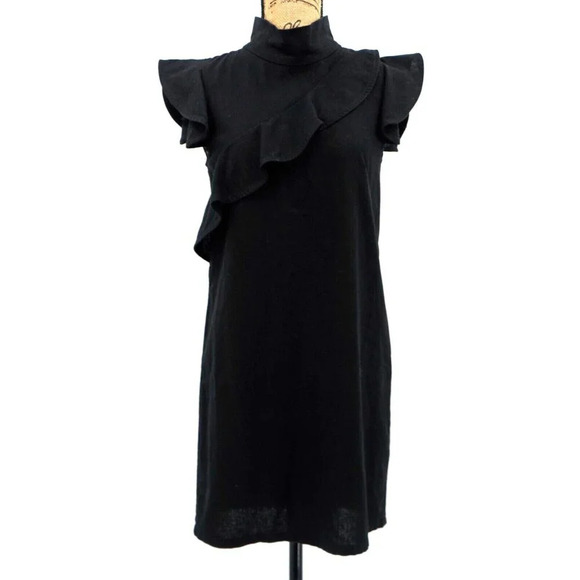 McGuire Sorbonne Dress Women Extra Small XS Black Linen Ruffle Shift Button Back - Picture 3 of 11